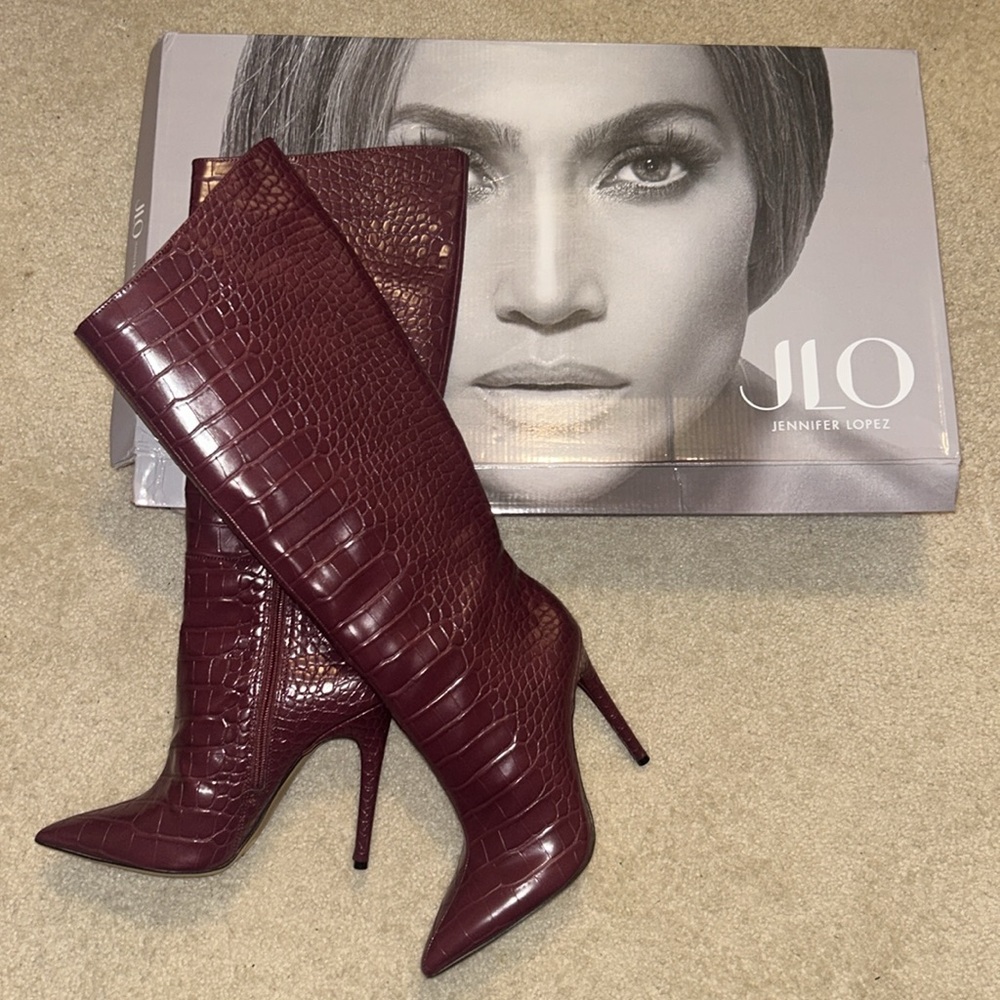 Jennifer Lopez Burgundy Croc-Embossed Knee Boots